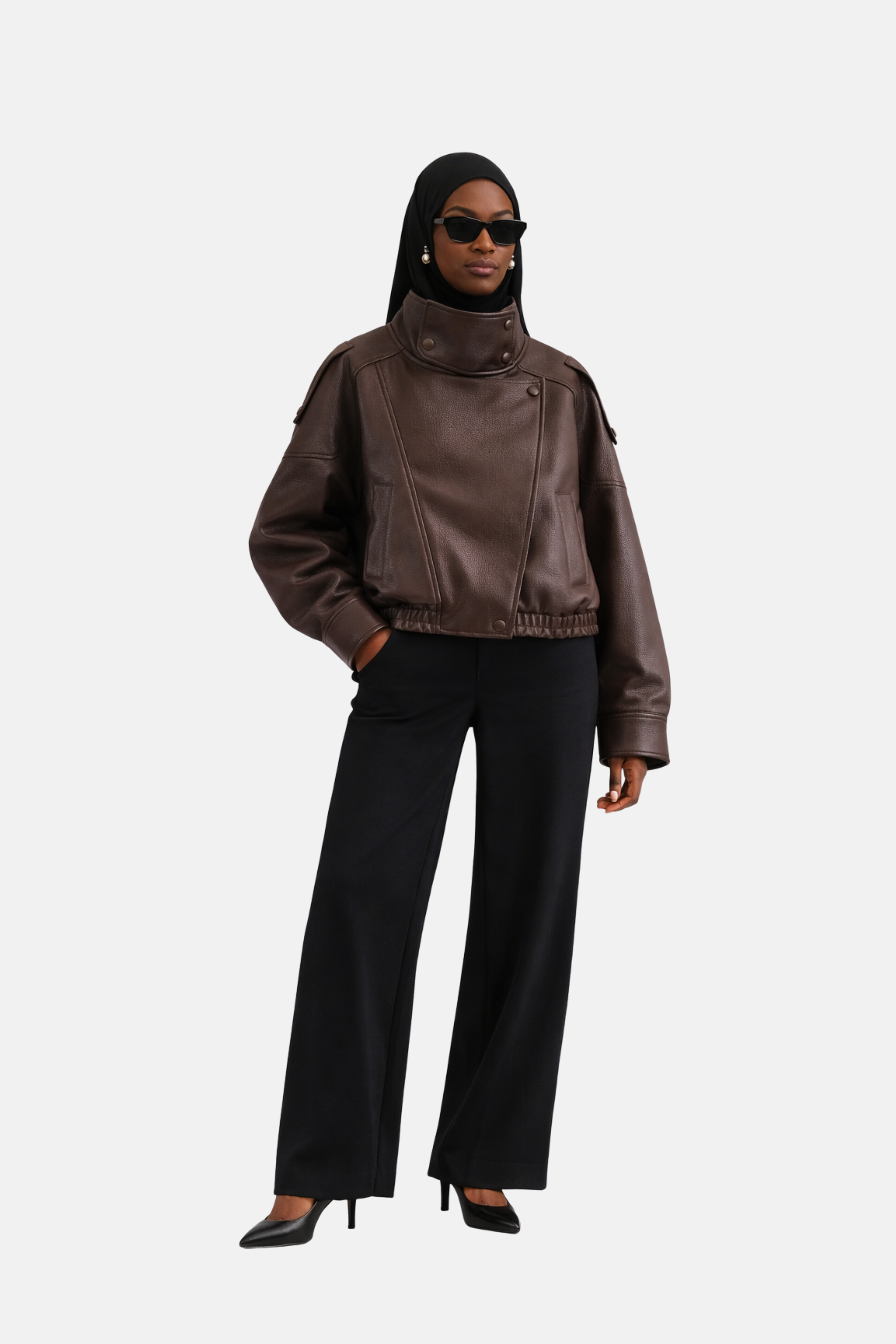 Veste en cuire col haut | Marron