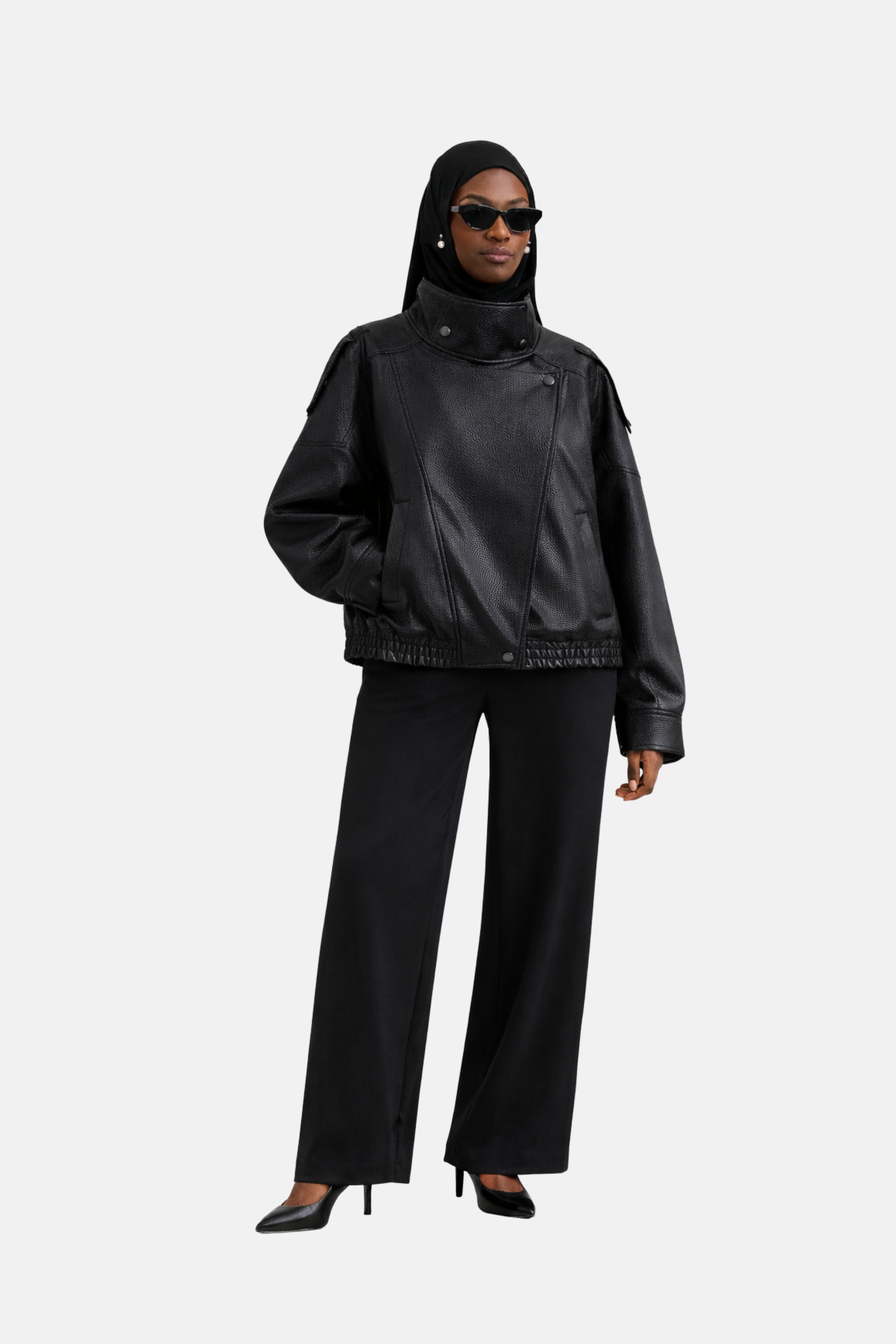 Veste en cuire col haut | Noir